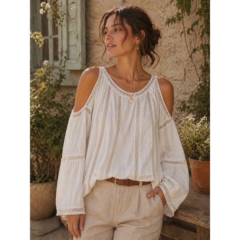 Sundance Cold Shoulder Flowey Top Crochet Lace Boho XL Casual Western Beachy